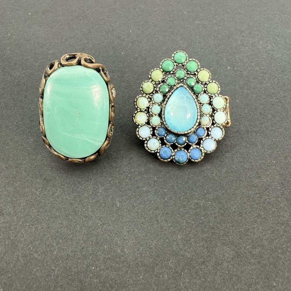 Lot Of 2 Ring Stretchable Large Statement Turquoise Color Silver Tone Adjustable